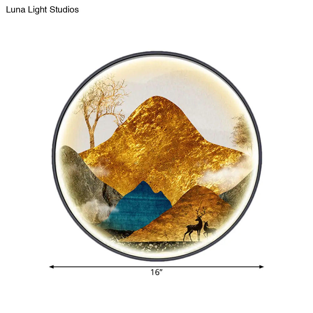 Asian-Style Led Fabric Wall Mural Mount Lamp - Yellow/Green Circle Light With Landscape Pattern