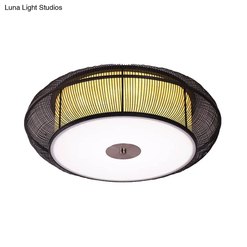 Asian Style Round Bamboo Shade Ceiling Light - 3/4 Lights Black/Wood Fixture For Bedroom 18’/22’ Dia