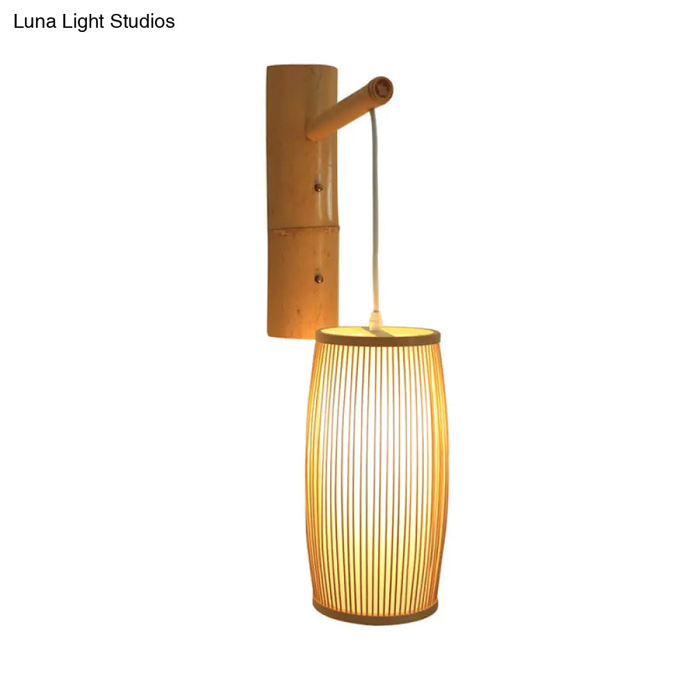 Asian-Style Wooden Wall Lamp With Bamboo Shade For Hallways
