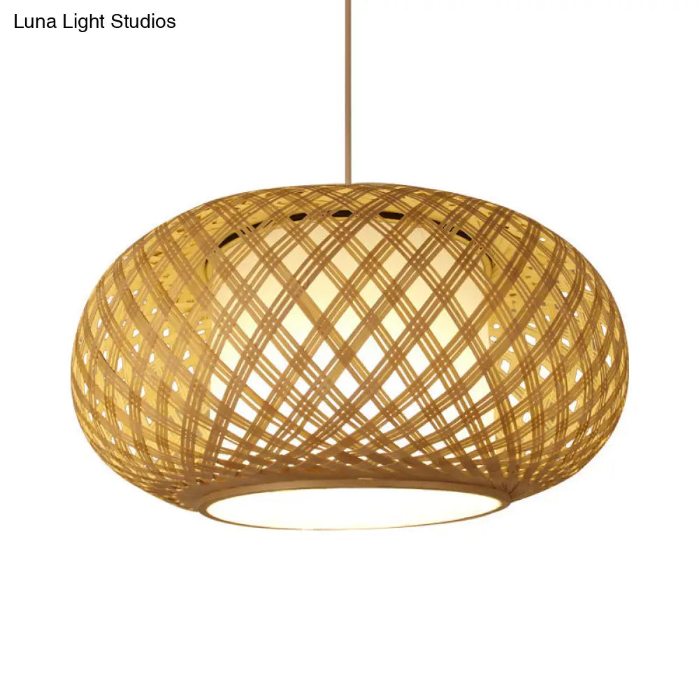 Asian Wood Pendant Light With Lantern Bamboo Shade For Tearoom Ceiling