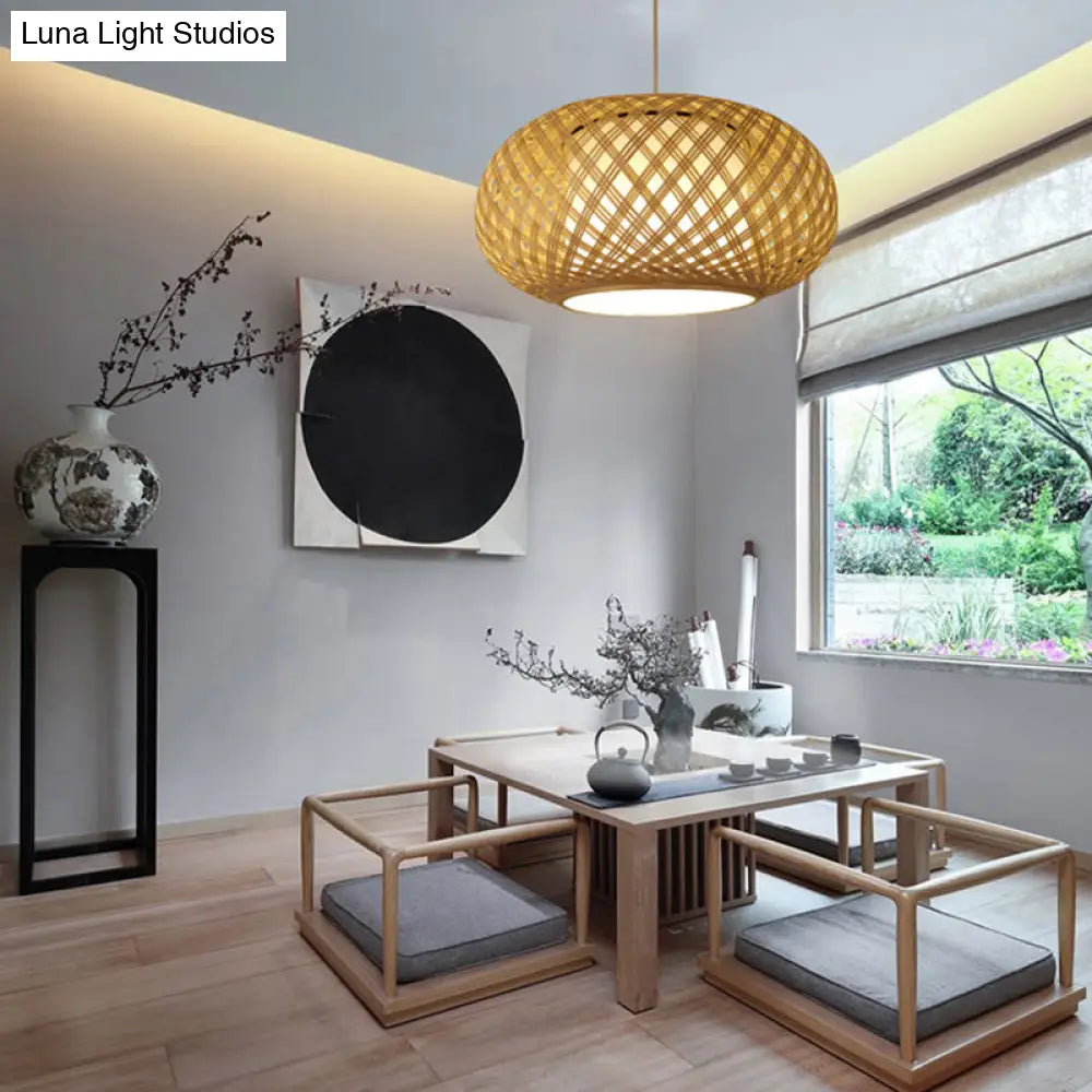 Asian Wood Pendant Light With Lantern Bamboo Shade For Tearoom Ceiling
