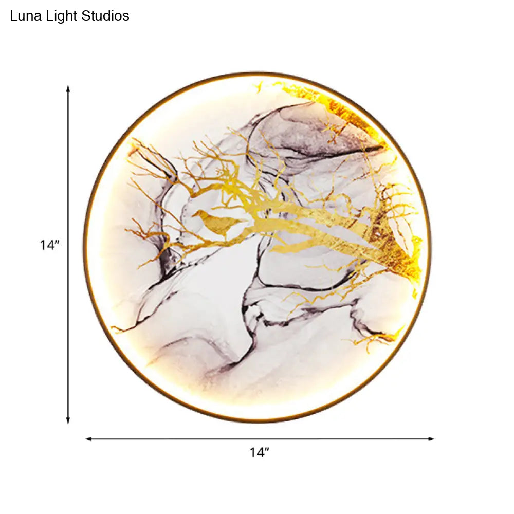 Asiatic Gold Aluminum Led Wall Lamp With Bird And Branch Design