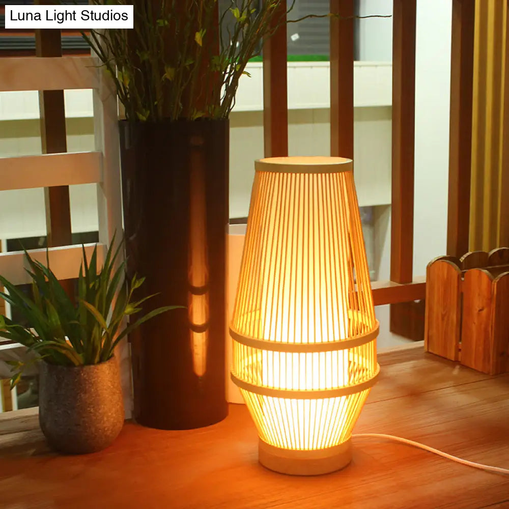 Bamboo Desk Lamp - Japanese Style With Beige Shade And Tubular Inner Light