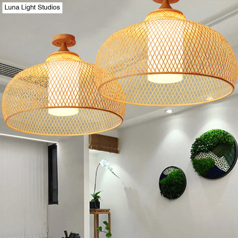 Bamboo Domed Semi Flush Light: Asian 1 - Bulb Wood Ceiling Fixture Cylinder White Shade