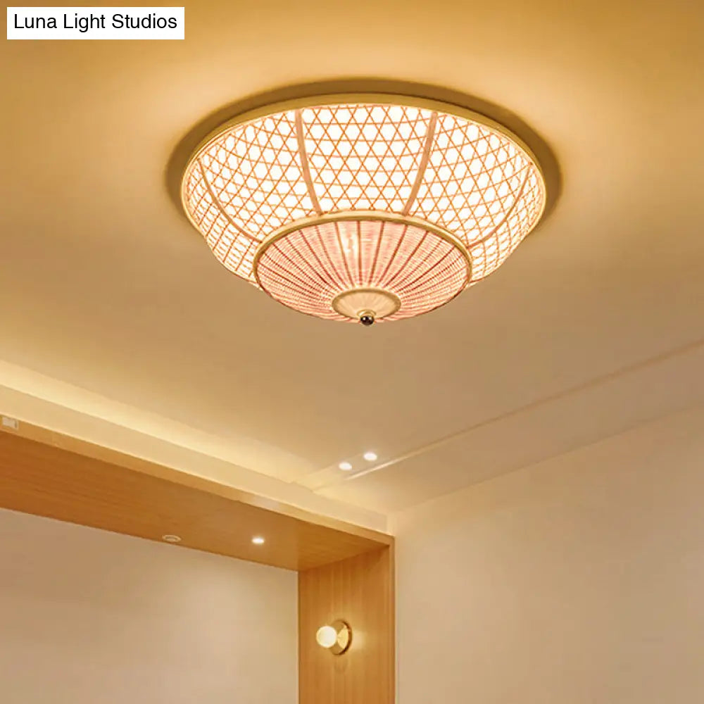 Bamboo Flush Dome Light: Chinese Style Beige Ceiling Fixture (3 Bulbs) - Ideal For Living Room