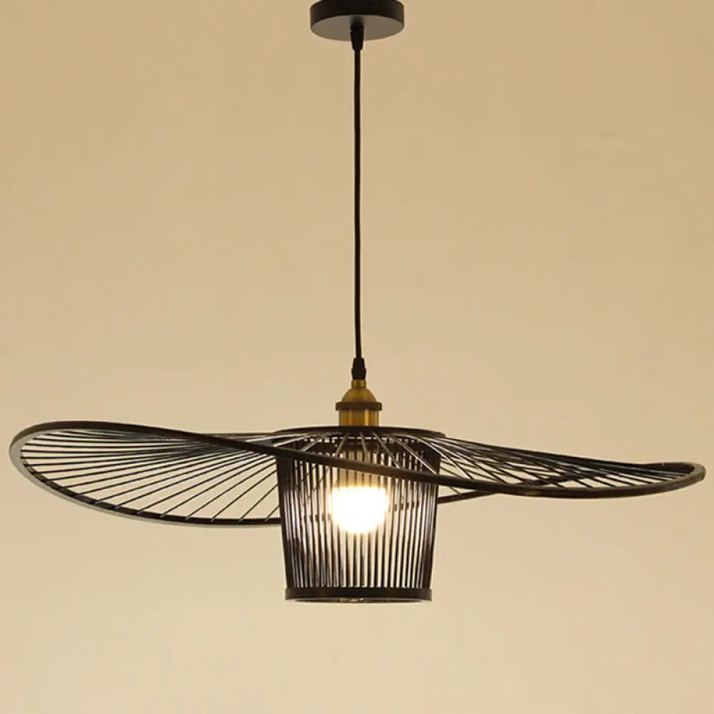 Bamboo Weaving Drum Shade Hanging Light With Fishermans Hat Design - Perfect For Dining Room Black /