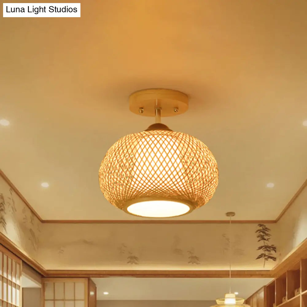 Bamboo Wood Lantern Semi-Flush Mount Ceiling Fixture - 10’/14’/16’ Wide