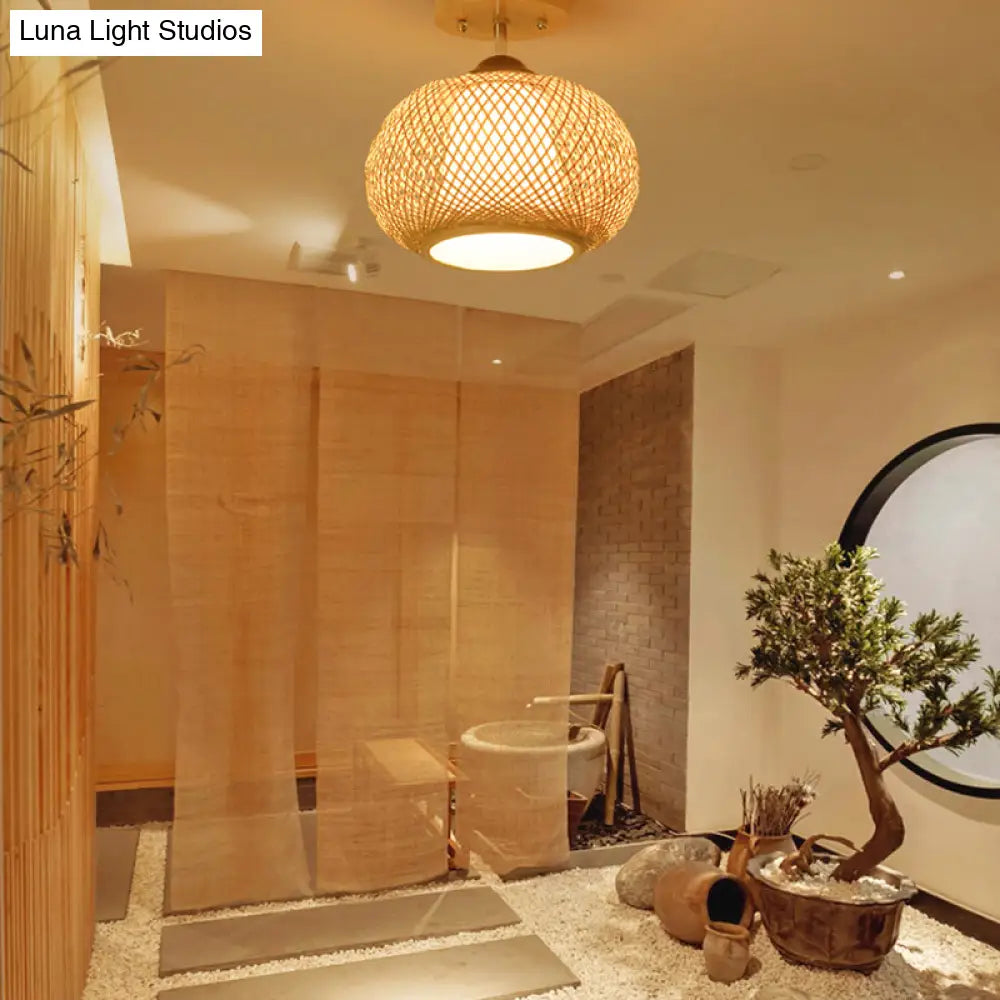 Bamboo Wood Lantern Semi-Flush Mount Ceiling Fixture - 10’/14’/16’ Wide