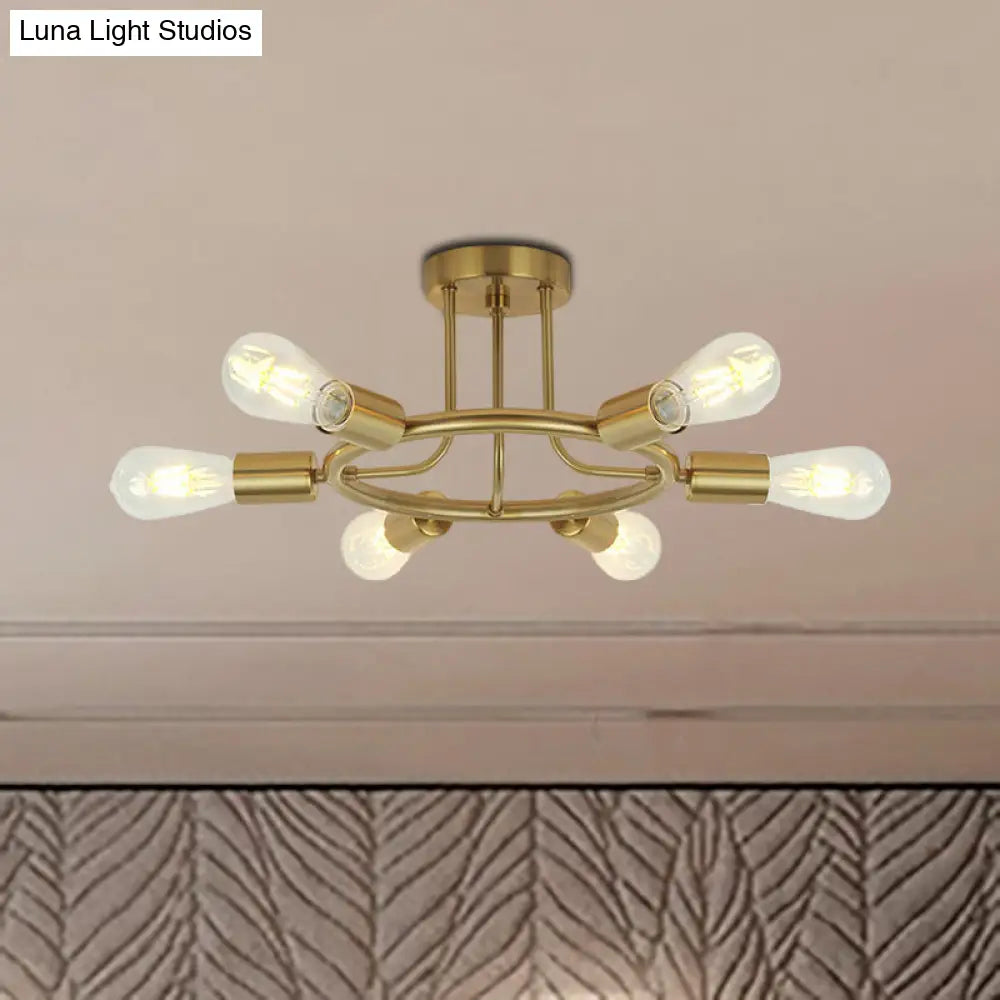 Bare Bulb Mid Century Metallic Semi Flush Ceiling Light - 6 Heads Brass/Black Finish