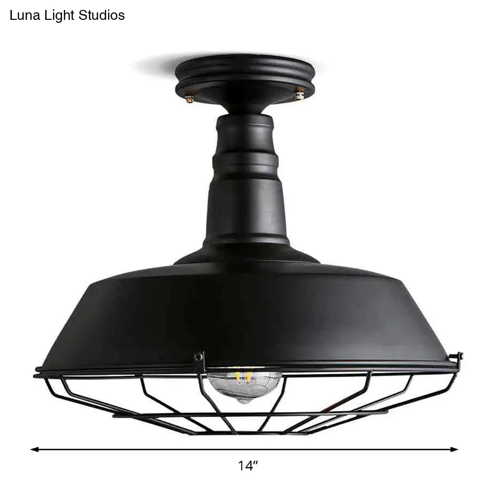 Barn Semi Flush Industrial Black Metal Cage Light Fixture - 10’/14’ Wide