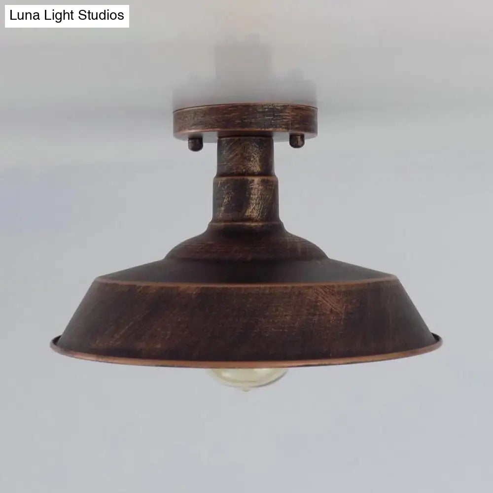 Barn Shade Semi-Flush Mount Ceiling Light In Aged Silver/Weathered Copper For Farmhouse Decor