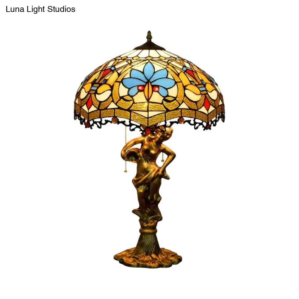 Baroque Blue/White-Brown Glass Parrot Table Lamp With Scalloped-Trim Netting: 3-Light Bronze