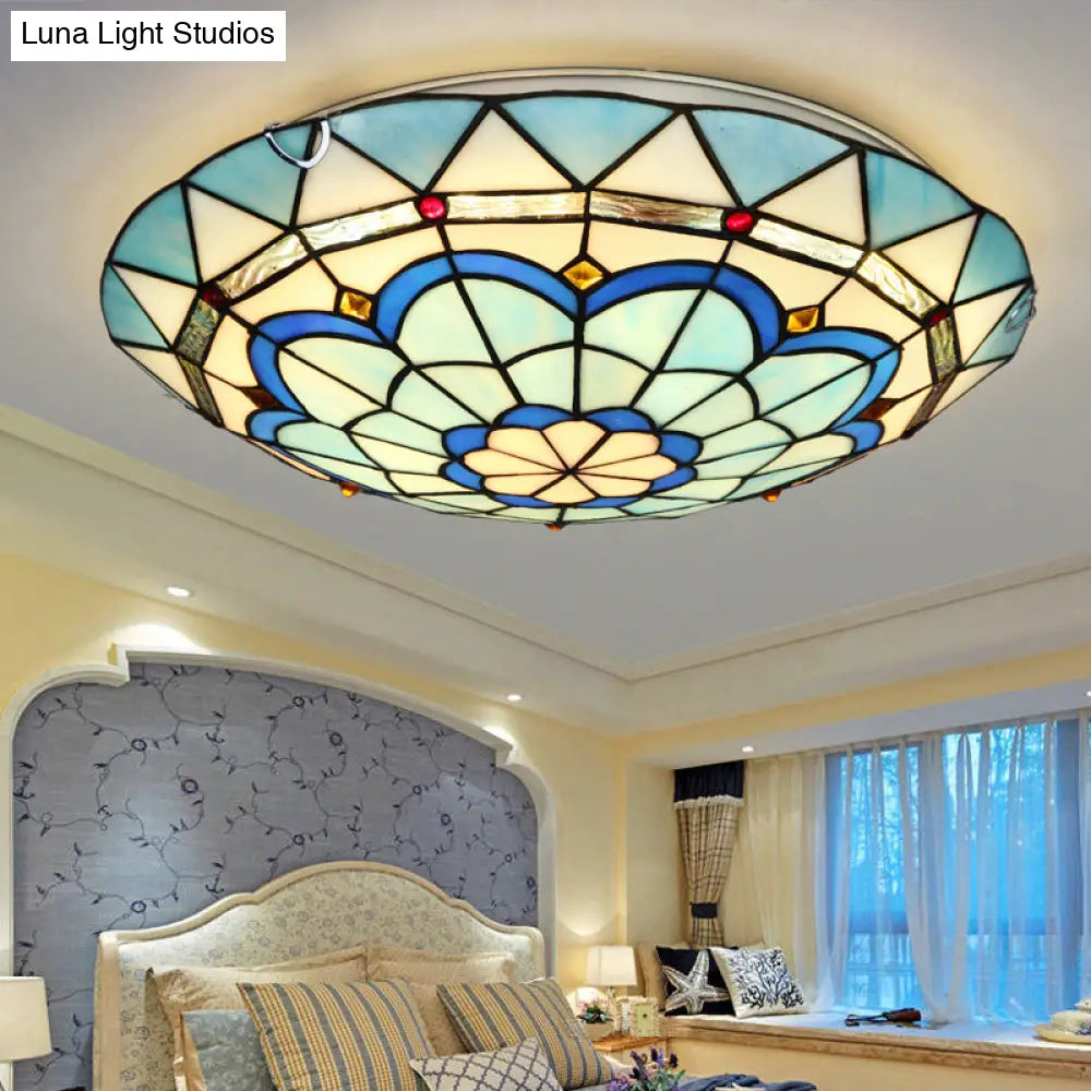 Baroque Bowl Flush Mount Stained Glass Ceiling Light In Blue/Blue - Brown - 12’/16’/19.5’ Wide
