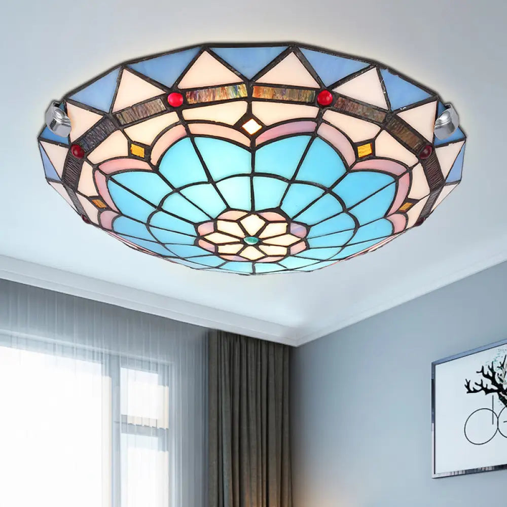 Baroque Bowl Flush Mount Stained Glass Ceiling Light In Blue/Blue - Brown - 12’/16’/19.5’