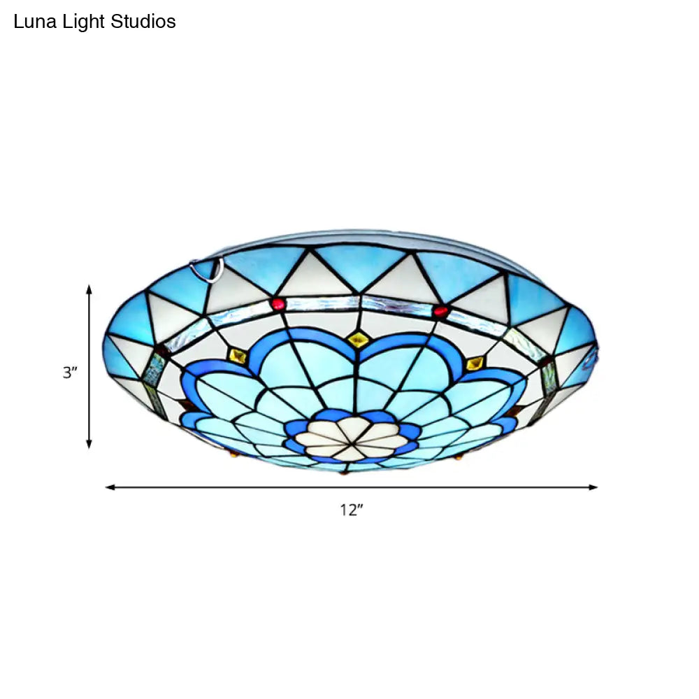 Baroque Bowl Flush Mount Stained Glass Ceiling Light In Blue/Blue - Brown - 12’/16’/19.5’ Wide