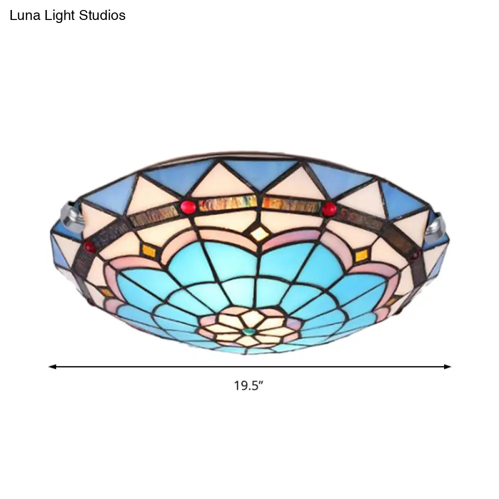 Baroque Bowl Flush Mount Stained Glass Ceiling Light In Blue/Blue - Brown - 12’/16’/19.5’ Wide