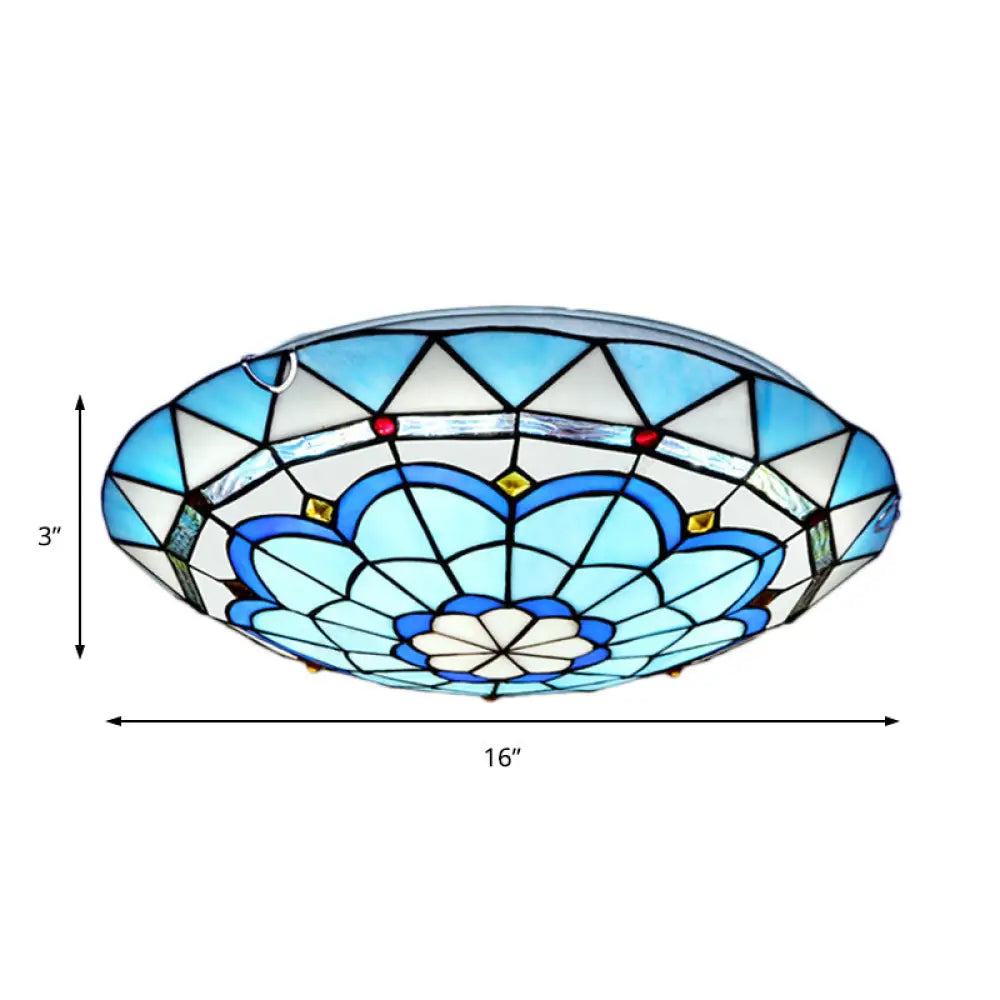 Baroque Bowl Flush Mount Stained Glass Ceiling Light In Blue/Blue-Brown - 12/16/19.5 Wide