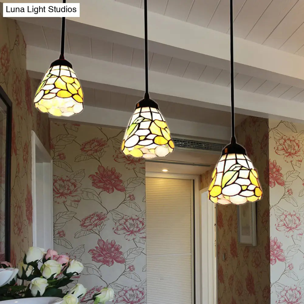 Baroque Cone Pendant Light Kit - Beige Stained Glass 3 Heads Living Room Hanging