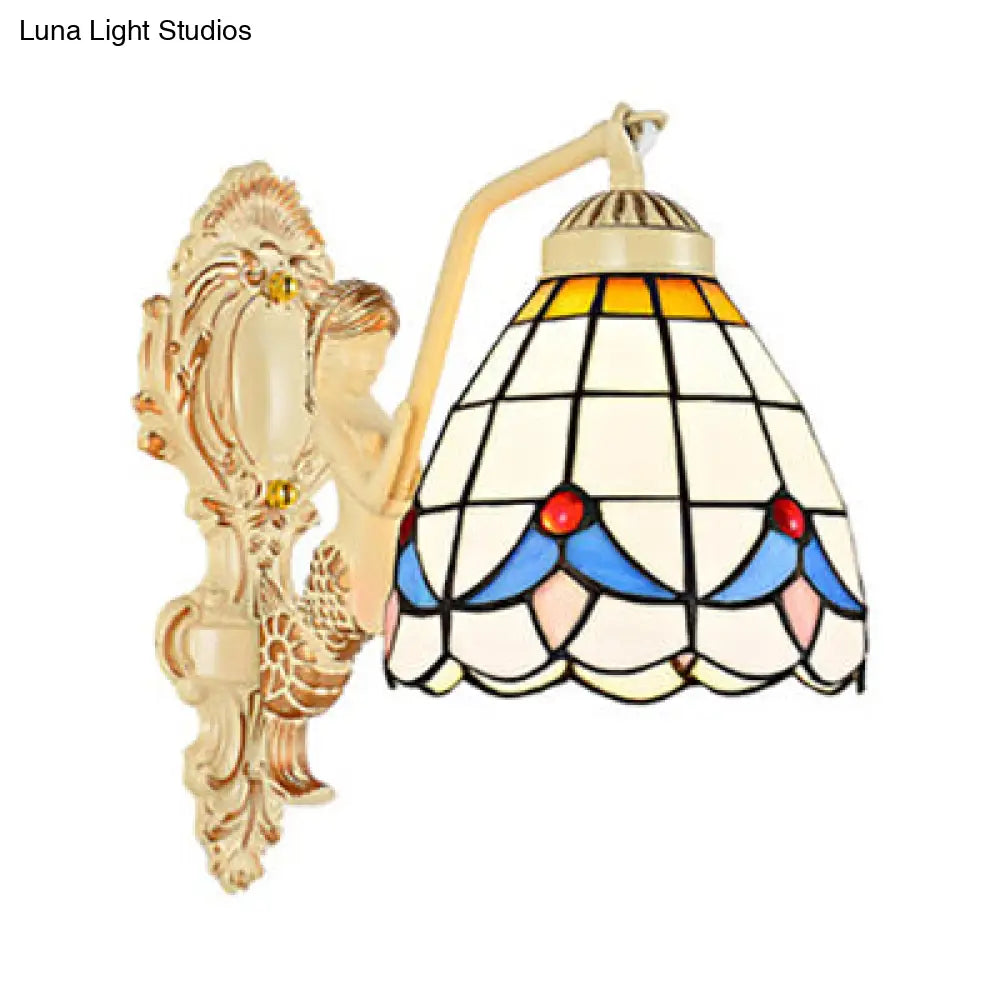 Baroque Dome/Cone Beige Glass Wall Sconce - Elegant Leaf/Gem/Flower Pattern 1-Light Mount Light