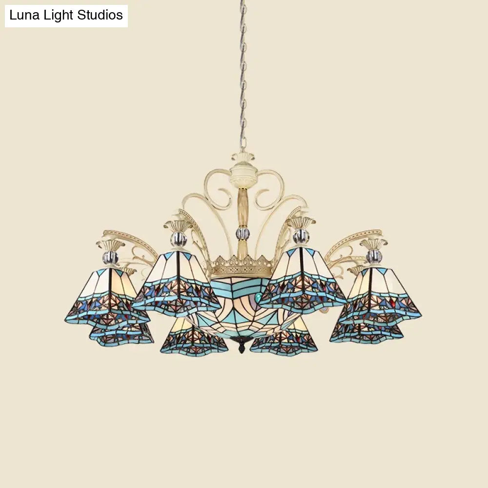 Baroque Stained Glass Pyramid Chandelier with 11 Blue Lights Elegant Ceiling Suspension Lamp Blue
