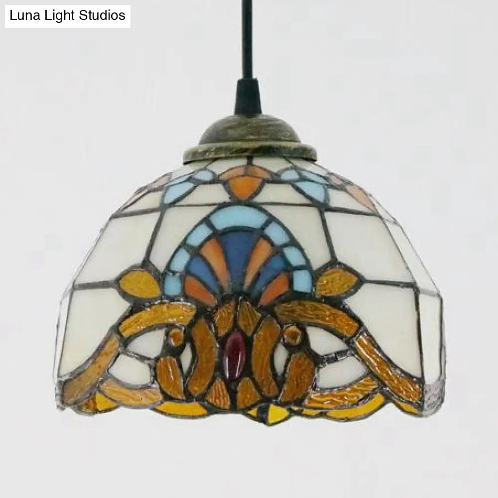 Baroque Style Stained Glass Dome Pendant Light With Hanging Cord