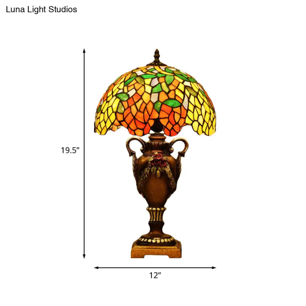 Baroque Wisteria Stained Glass Night Table Lamp With Bronze Trophy Base