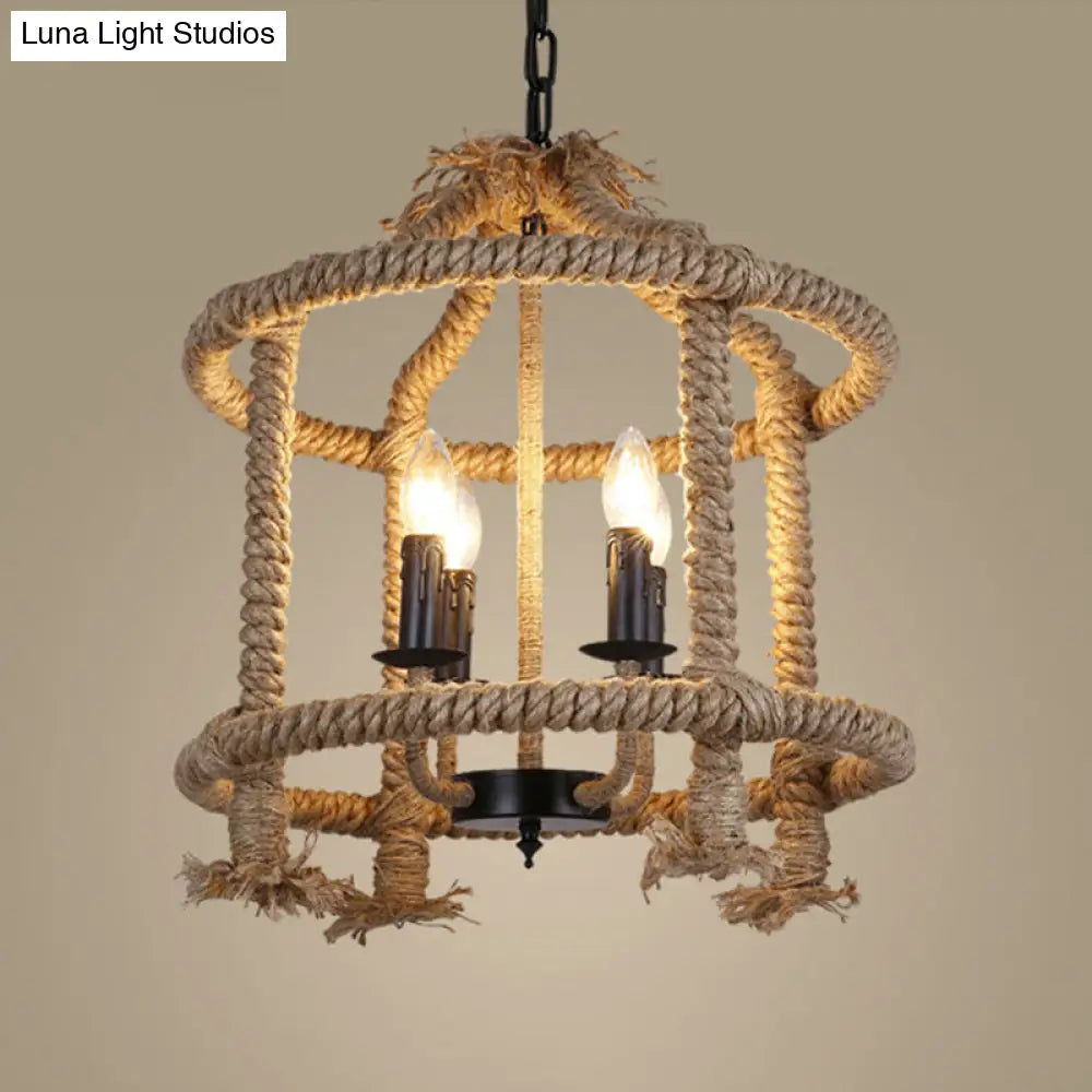 Beige 4-Light Chandelier: Traditional Rope Cylinder Pendant Lamp For Dining Room