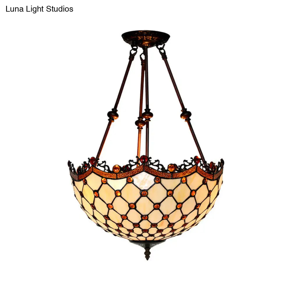 Beige Glass Semi Flush Tiffany Style Ceiling Mount With Beaded Accents - 16’/18’ Wide 2-Light