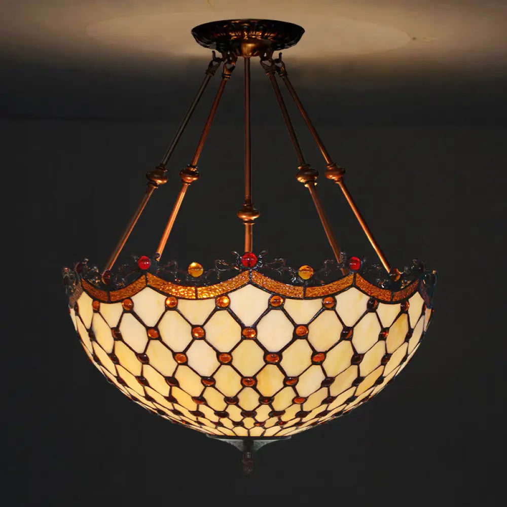 Beige Glass Semi Flush Tiffany Style Ceiling Mount With Beaded Accents - 16’/18’ Wide 2-Light