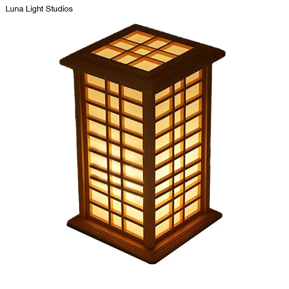 Beige House Task Lamp - Asian Wood Desk Light With Inner White Shade