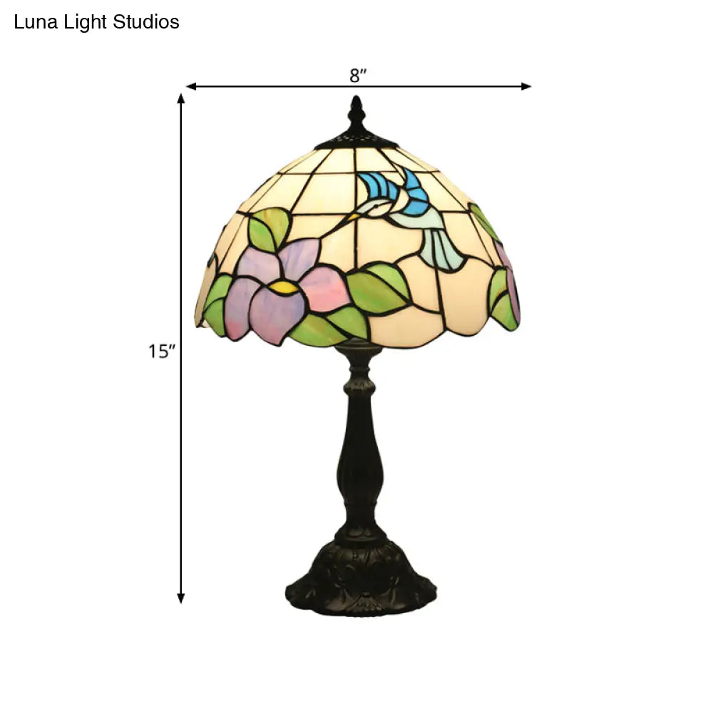 Bird And Flower Desk Light - Stained Glass Baroque Table Lamp In Bronze