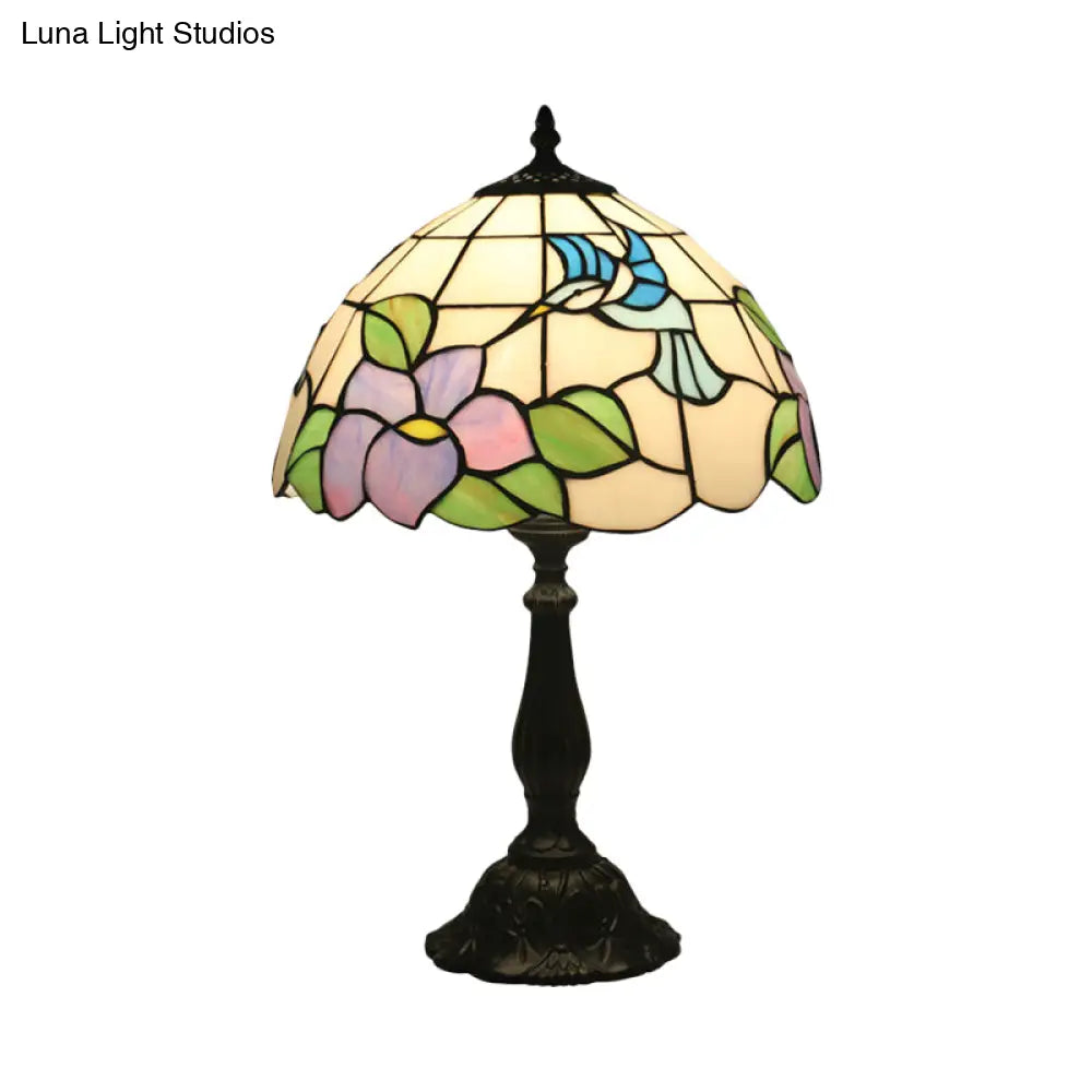Bird And Flower Desk Light - Stained Glass Baroque Table Lamp In Bronze