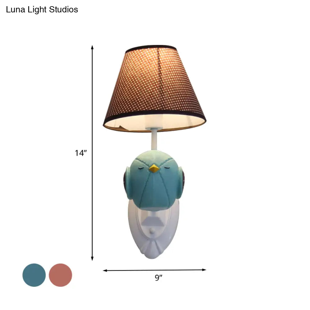 Bird Wall Mount Light Cartoon 1 Head Resin Sconce Lamp With Pink/Blue Color Cone Brown Fabric Shade