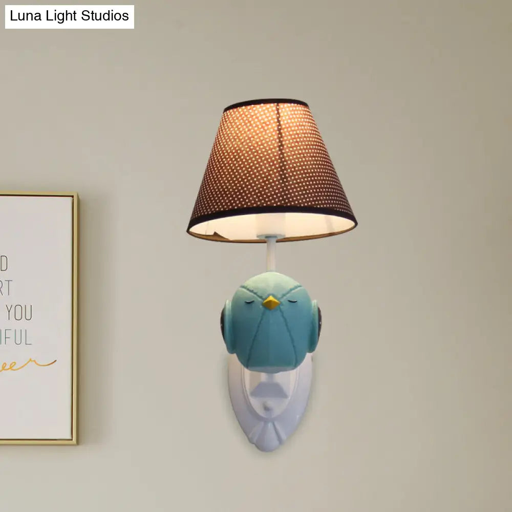 Bird Wall Mount Light Cartoon 1 Head Resin Sconce Lamp With Pink/Blue Color Cone Brown Fabric Shade