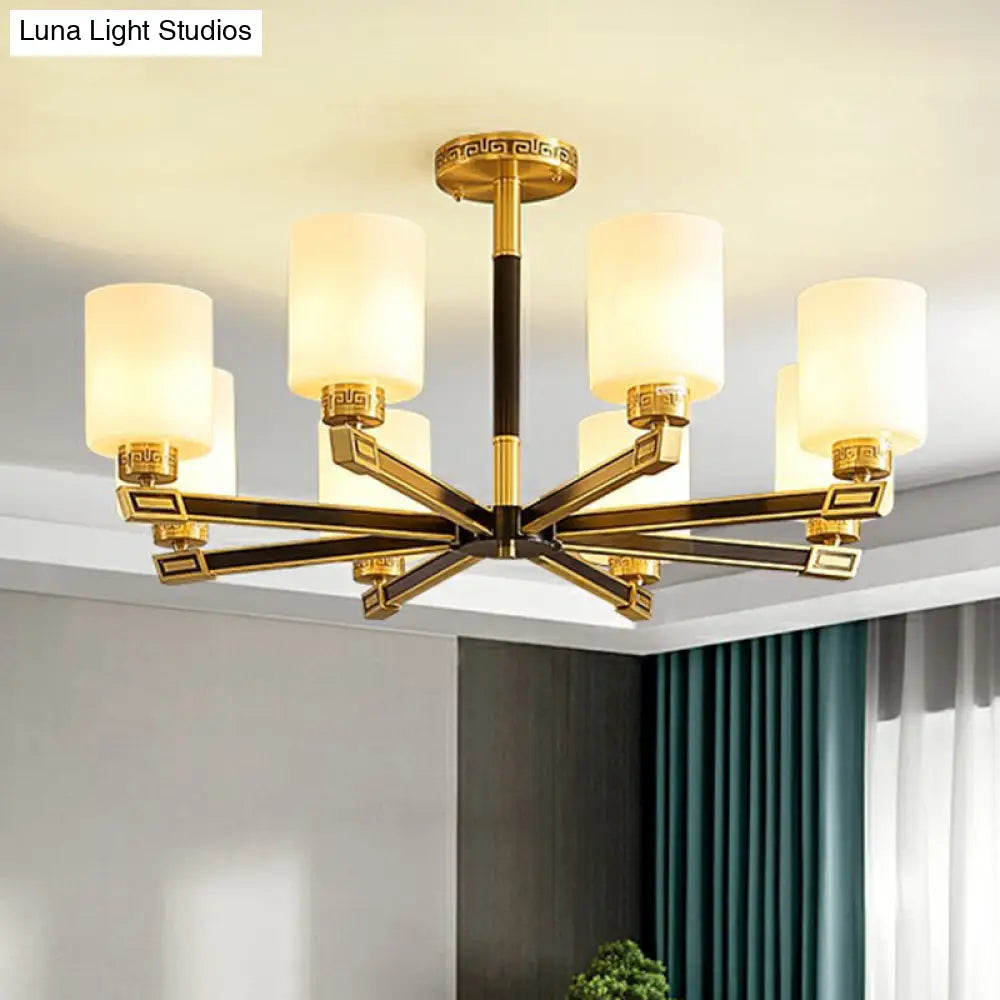 Black & Brass Satin Opal Glass Ceiling Chandelier For Antique Living Room