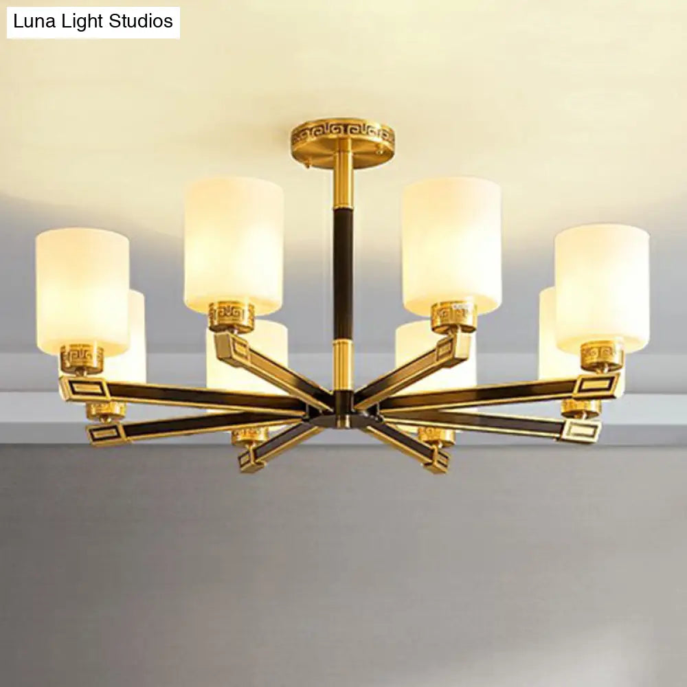 Black & Brass Satin Opal Glass Ceiling Chandelier For Antique Living Room