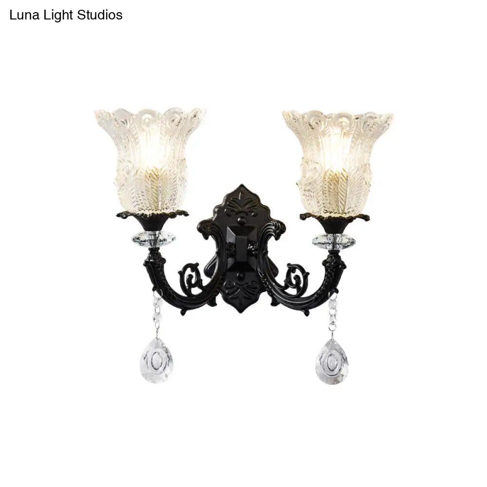 Black Flower Wall Lamp With Clear Crystal Glass Shade & Minimalist Design