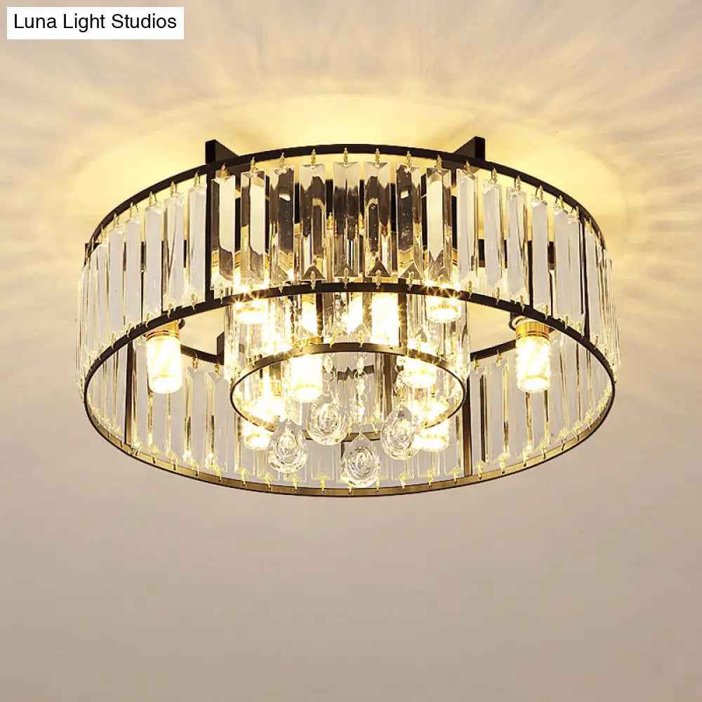 Black Flush Mounted Lamp With Double Round Minimalist Crystal Design And 7 Lights