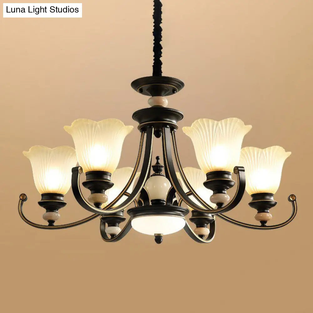 Black Frosted Glass Chandelier: Flower-Shaped Pendant Light For Classic Dining Room