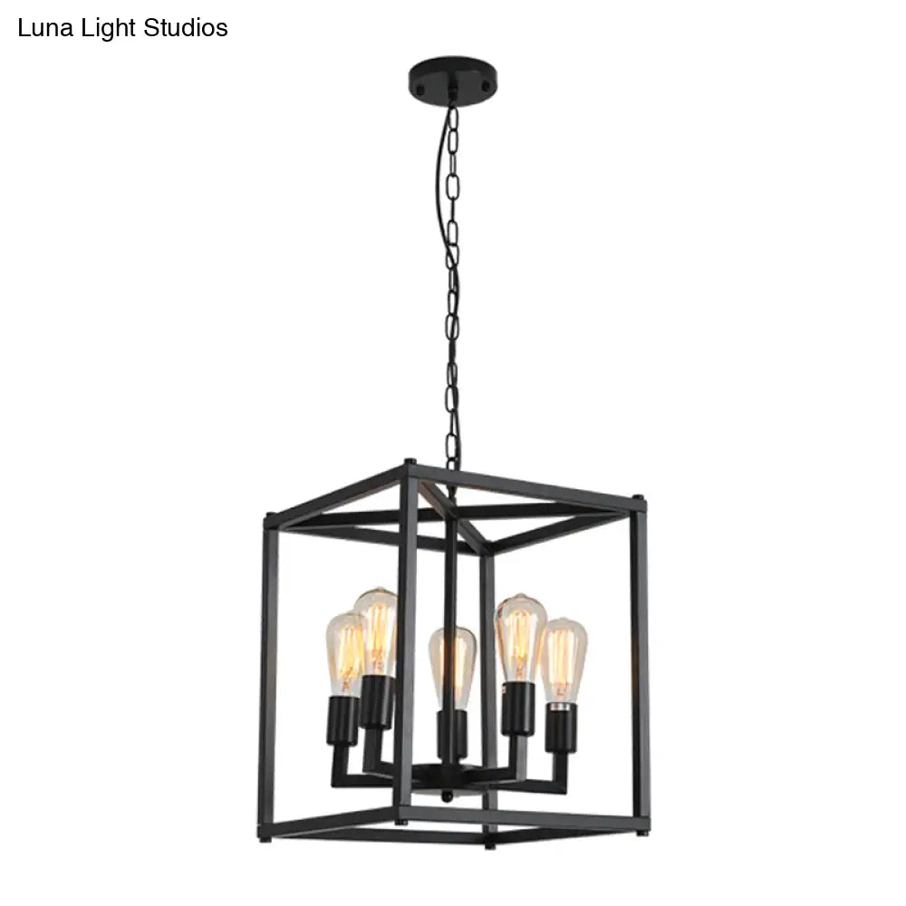 Black Industrial Retro Metal Diner Pendant Chandelier - Square Cage Hanging Lamp