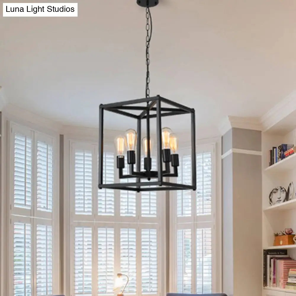 Black Industrial Retro Metal Diner Pendant Chandelier - Square Cage Hanging Lamp