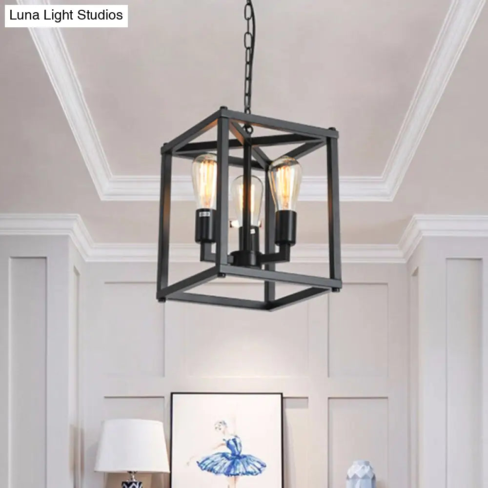Black Industrial Retro Metal Diner Pendant Chandelier - Square Cage Hanging Lamp