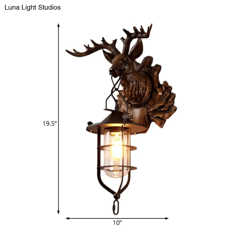 Black Iron Wire Cage Sconce With Deer Head Backplate - Countryside 1 Light Wall Lighting For Living
