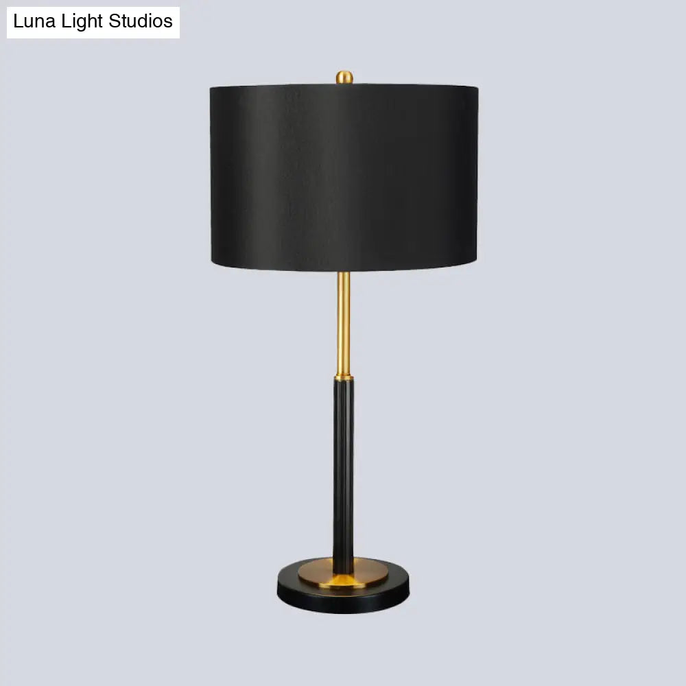 Black Luxury Drum Fabric Night Table Lamp For Living Room - 1 Bulb Nightstand Light