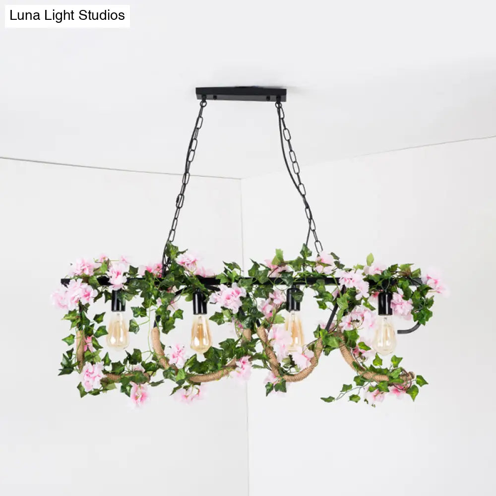 Black Metal 4-Light Linear Island Lamp With Hanging Artificial Plant - Lodge Style