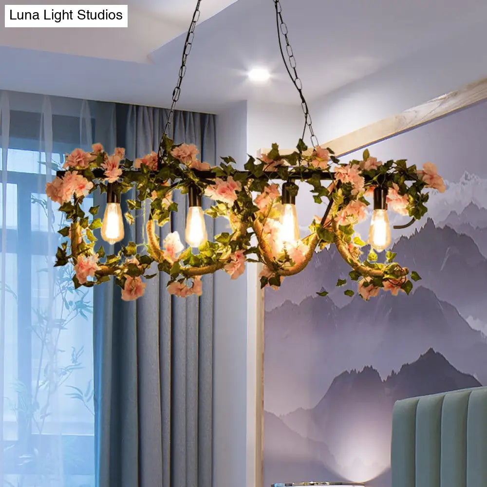 Black Metal 4-Light Linear Island Lamp With Hanging Artificial Plant - Lodge Style