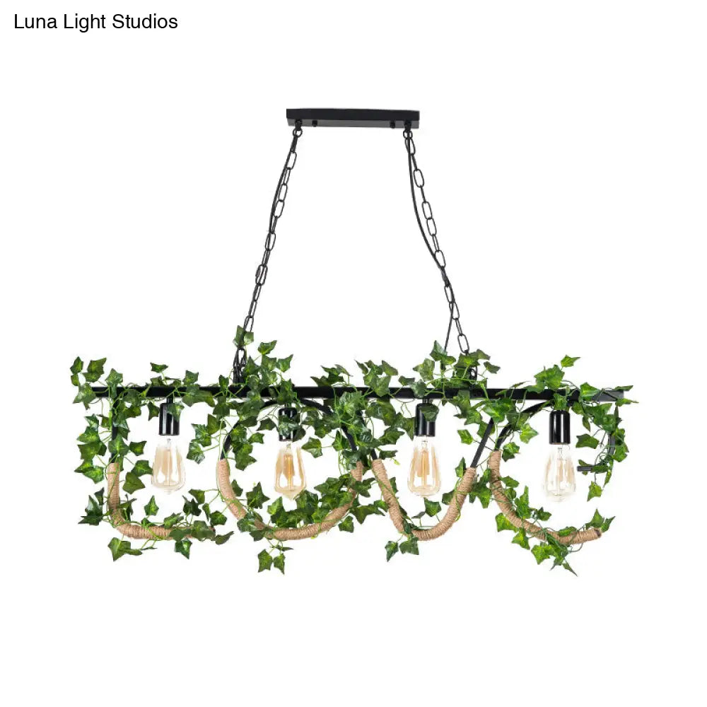 Black Metal 4-Light Linear Island Lamp With Hanging Artificial Plant - Lodge Style
