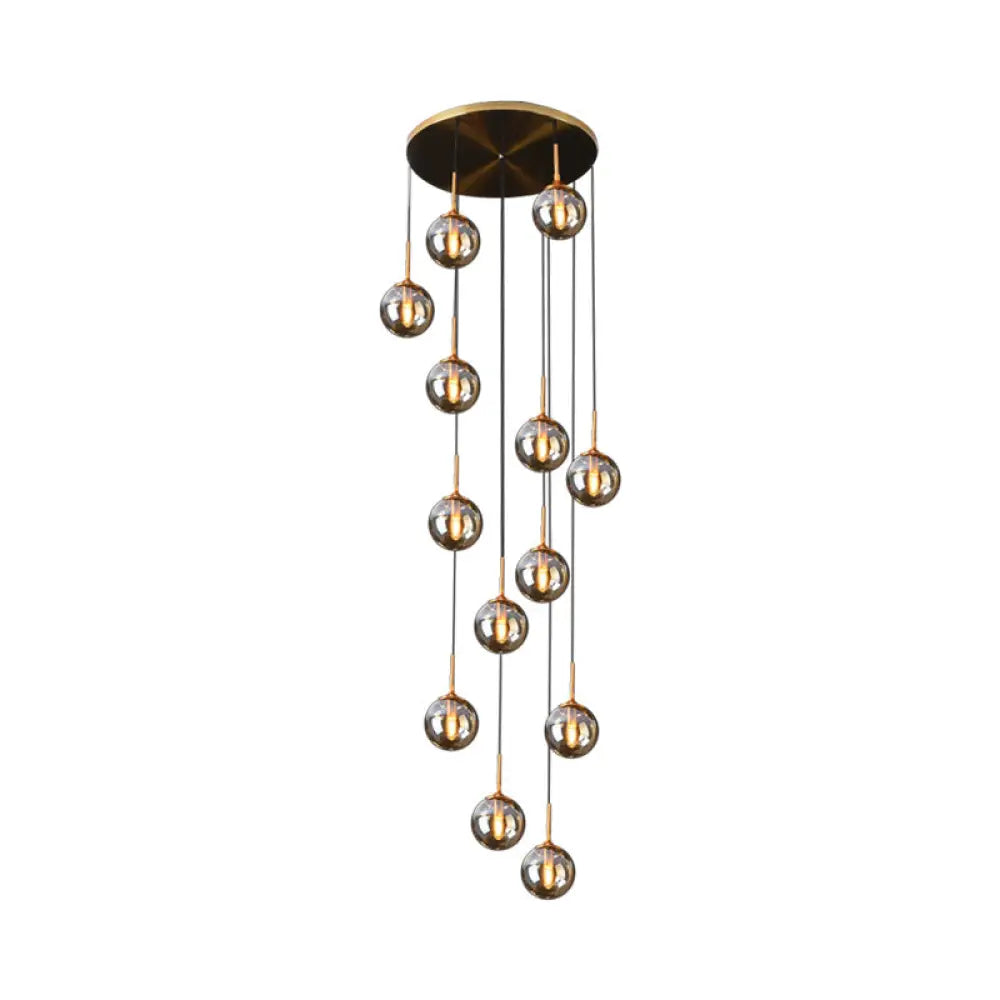 Black Modernist Cluster Pendant Light With 13 Glass Shades / Amber B