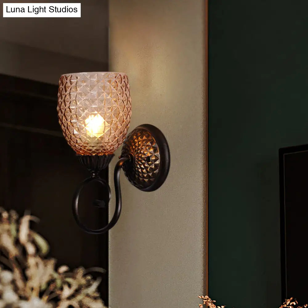 Black Ribbed Glass Tulip Wall Sconce - Traditional 1-Light Fixture For Living Room