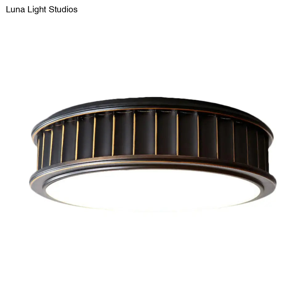 Black Ribbed Round Flush Lamp - Minimalist Iron Surface Mounted Led Ceiling Light With Warm